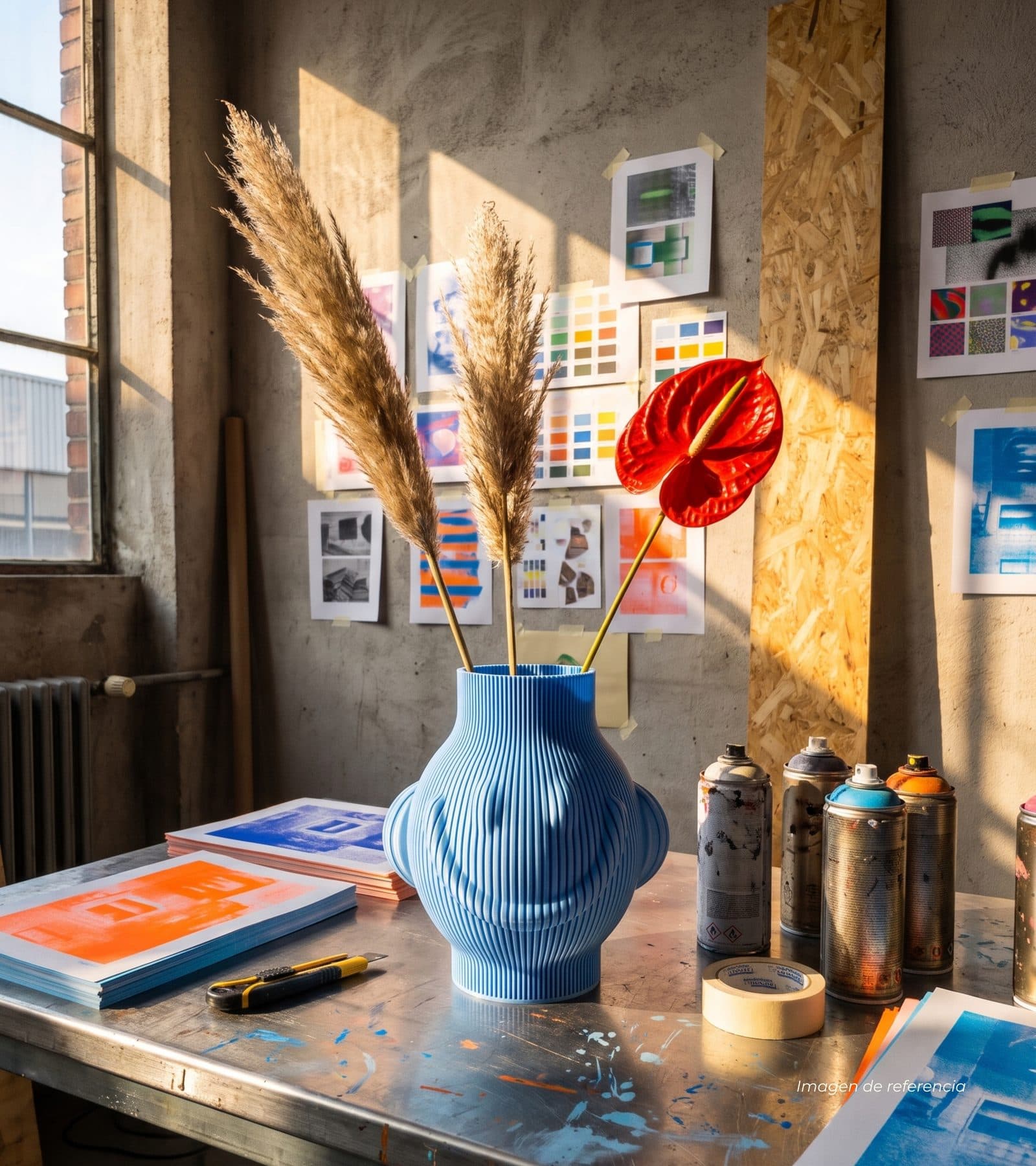 Jarrón Pepe con pampas y un anturio rojo en un taller de arte